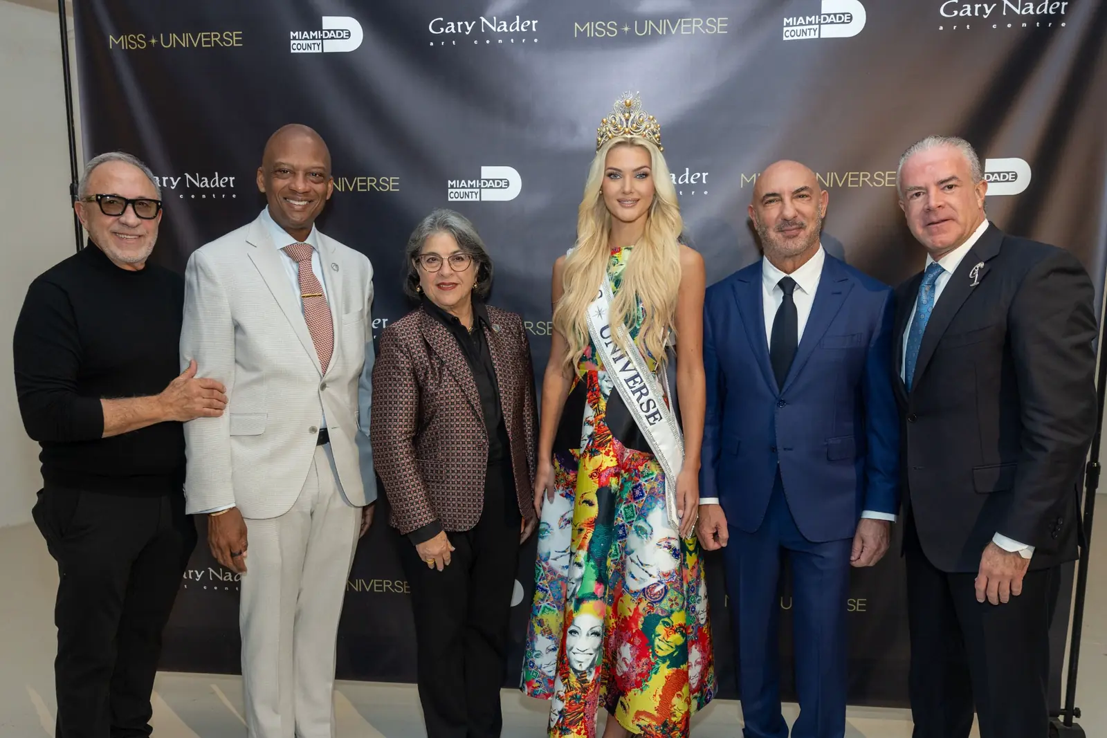 Miss Universe 2024 Victoria Kjær Theilvig with the mayor and guests at Gary Nader Art Centre.
