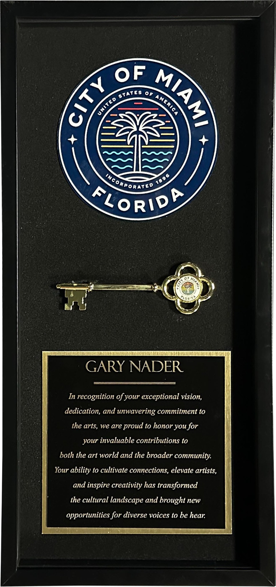 Key to the City of Miami presented to Gary Nader in recognition of his contributions to the arts.