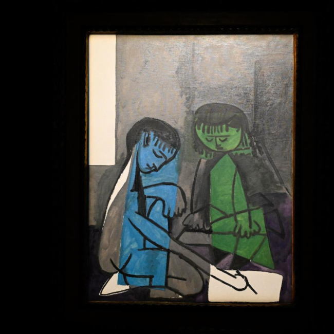 Pablo Picasso, The Two Children (1954), with blue and green figures in a shared drawing scene.