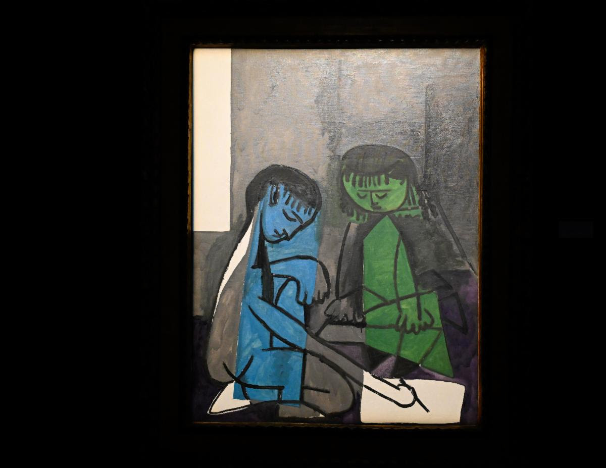 Pablo Picasso, The Two Children (1954), with blue and green figures in a shared drawing scene.