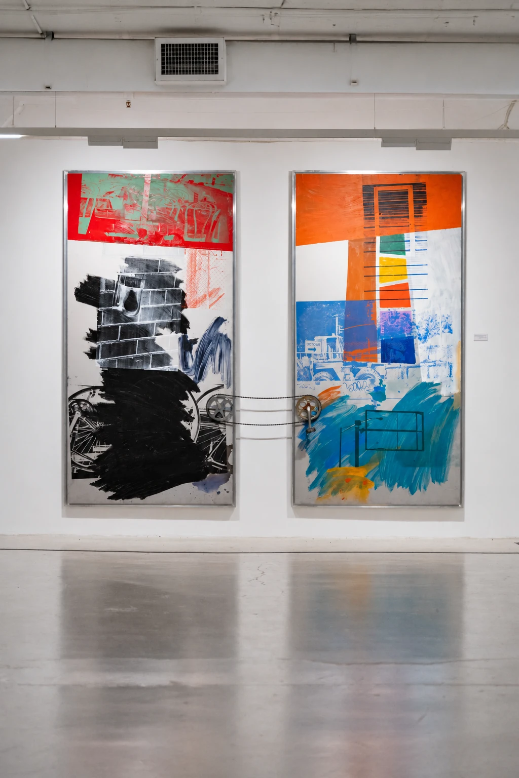 A two-panel mixed-media work with a chain and bicycle cranks in Visual Rhythms.