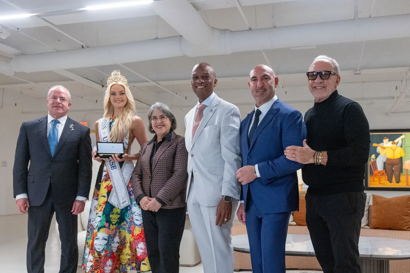 Victoria Kjær Theilvig, Miss Universe 2024, with the presentation party at Gary Nader Art Centre in Miami.