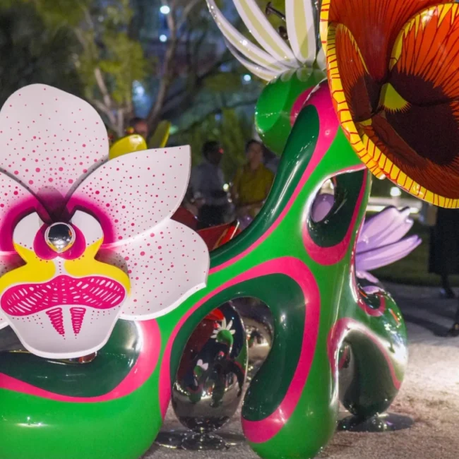 Detail of Chroma Emotiva by Soraya Abu Naba’a, with colorful floral forms and mirrored surfaces at Nader Sculpture Park.