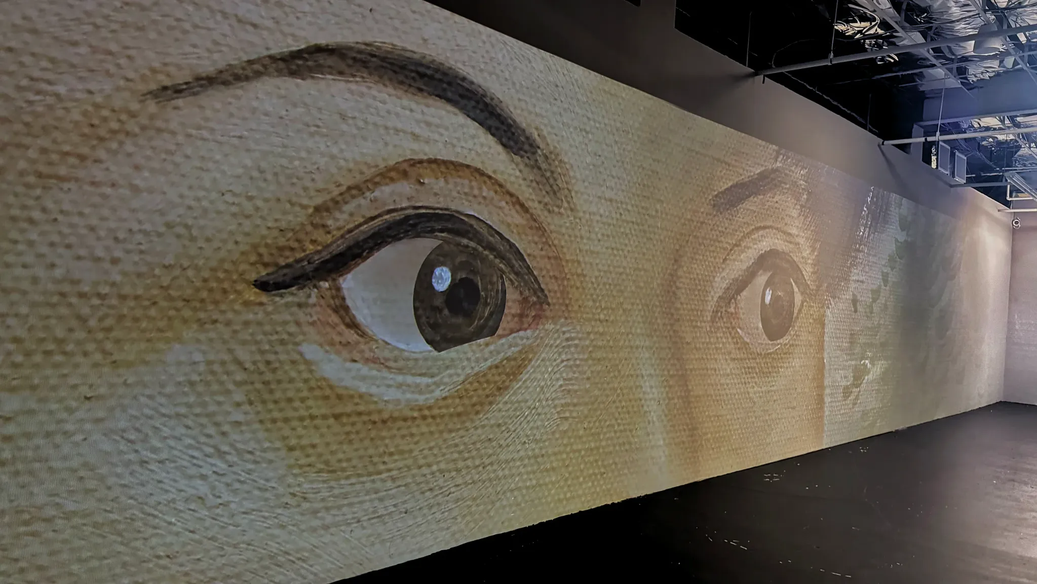 A close-up of painted eyes projected across a wall at Botero Immersed